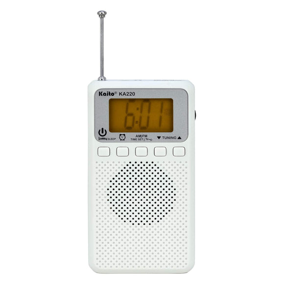 Kaito KA220W Pocket Digital AM/FM Radio with Alarm Clock & Sleep Timer, White