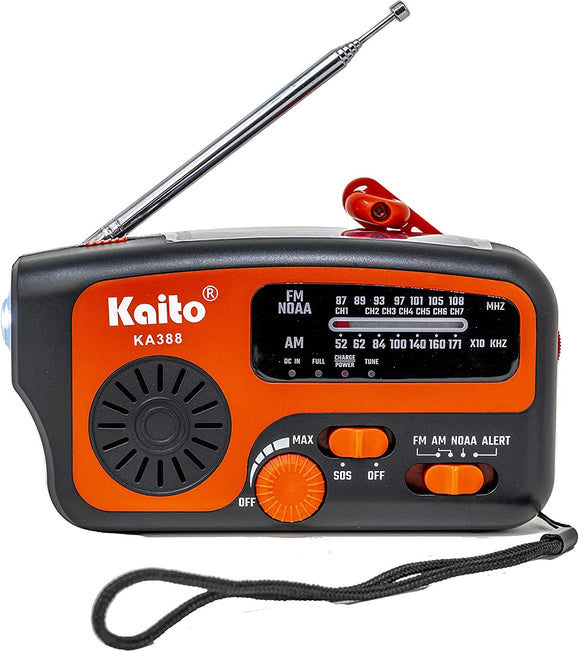 Kaito KA388 AM/FM NOAA Weather Alert Emergency Radio with Crank and Solar Red